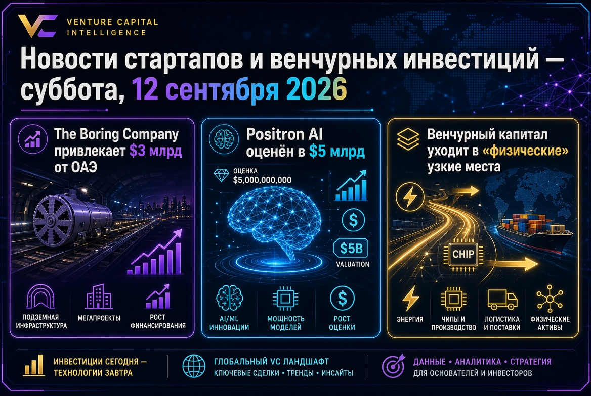 스타트업 및 벤처 투자 뉴스 — 토요일, 2026년 9월 12일: The Boring Company가 아랍에미리트로부터 30억 달러를 유치하고, Positron AI가 50억 달러로 평가되며, 벤처 캐피탈이 "물리적" 병목 현상으로 향하고 있습니다.