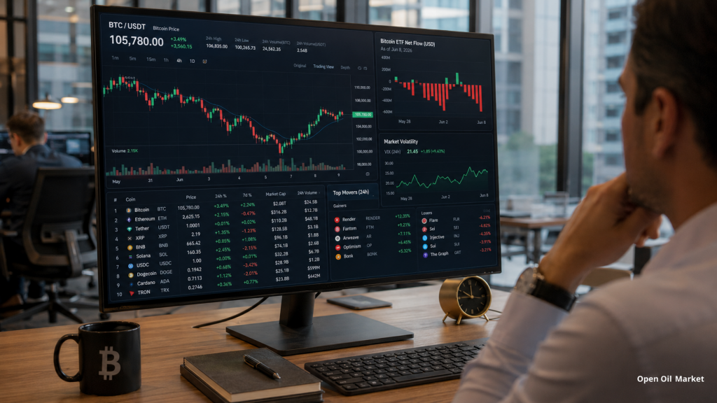 암호화폐 뉴스, 2026년 6월 9일 화요일: 비트코인이 하락 후 시장을 유지하며 투자자들이 ETF 유출, 스테이블코인 및 상위 10개 디지털 자산을 평가합니다.
