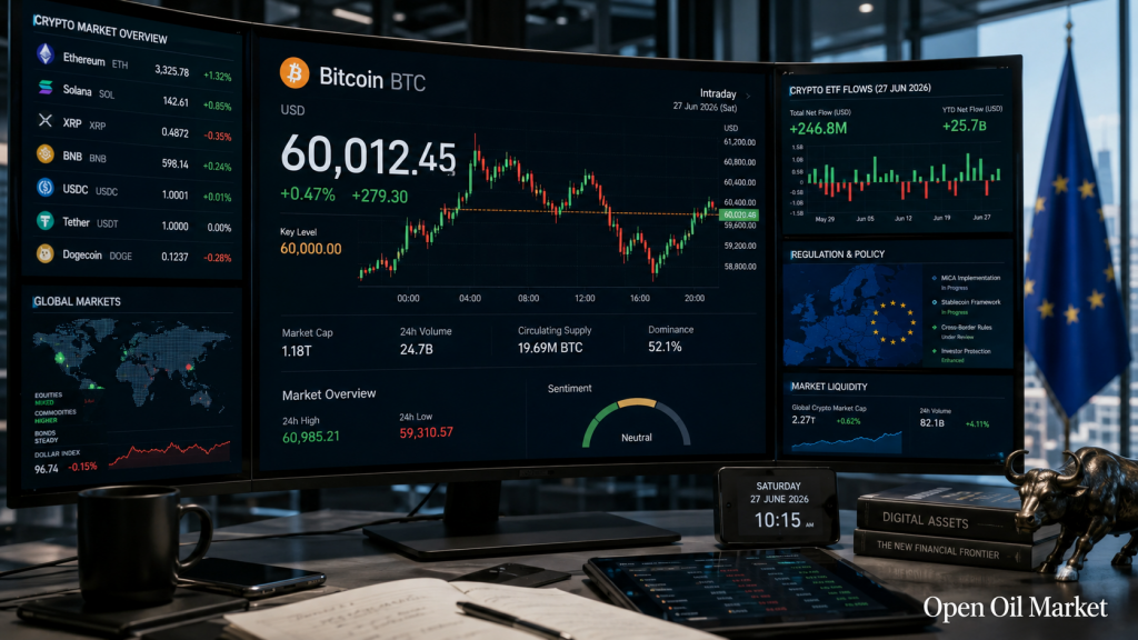 2026년 6월 27일 글로벌 암호화폐 시장: 비트코인, 이더리움, ETF 흐름, 스테이블코인 및 MiCA 규제