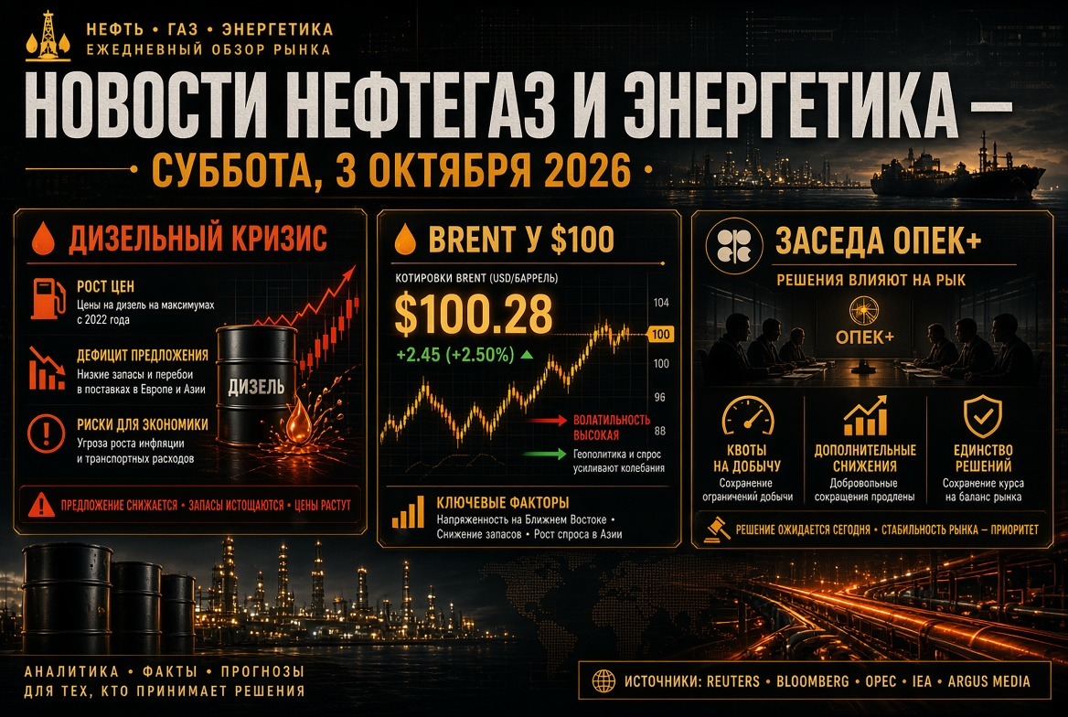 석유가스 및 에너지 뉴스 — 토요일, 2026년 10월 3일: 경유 위기, 브렌트 $100 및 OPEC+ 회의