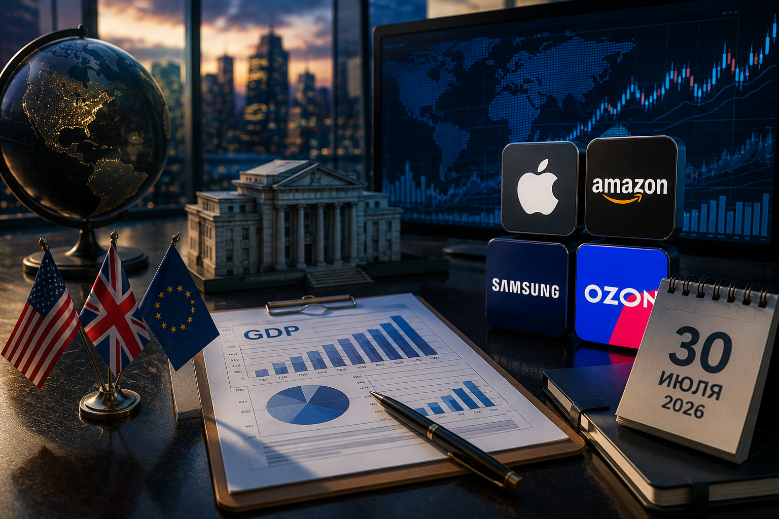경제 사건 및 기업 보고서: 2026년 7월 30일 목요일 - 미국 GDP, 영국 중앙은행의 결정, 애플, 아마존, 삼성 및 오존의 보고서