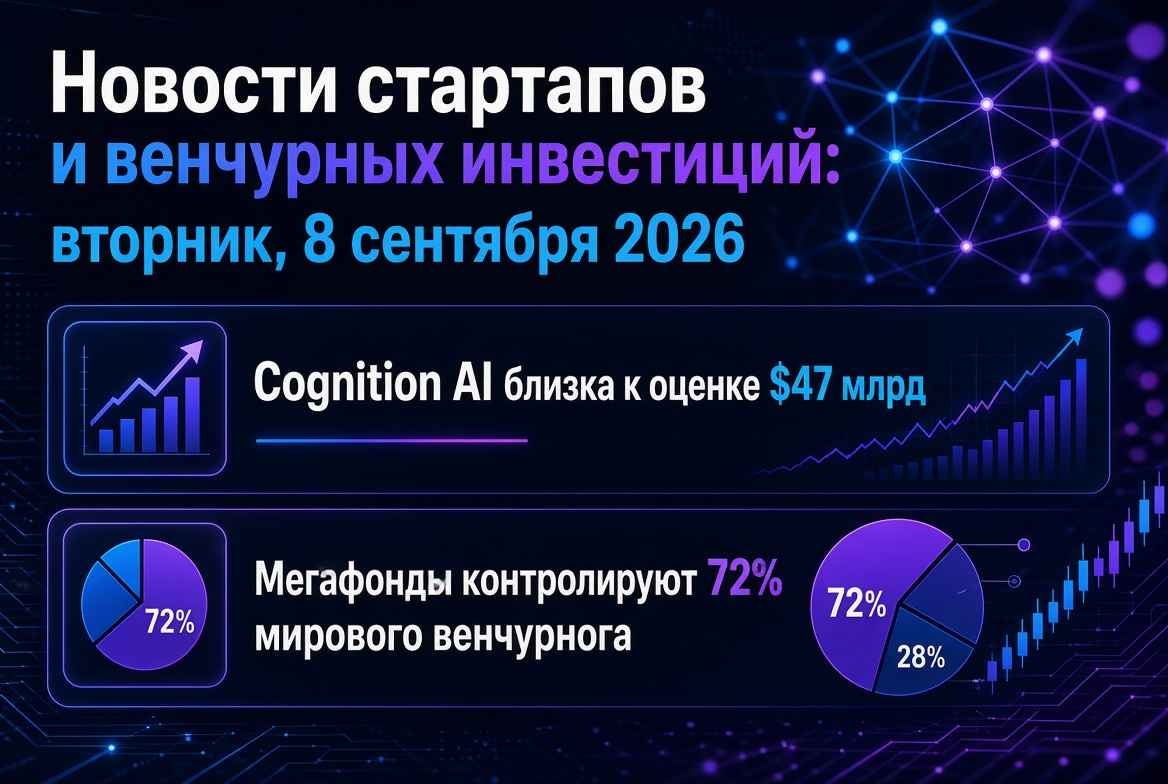 스타트업 및 벤처 투자 뉴스: 화요일, 2026년 9월 8일 — Cognition AI가 470억 달러의 평가에 가까워지고, 메가펀드가 세계 벤처 시장의 72%를 차지하고 있습니다.