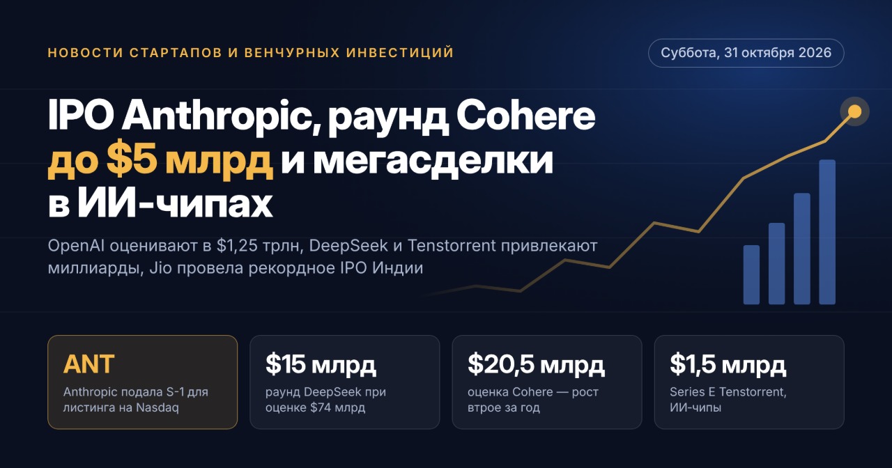 스타트업 및 벤처 투자 뉴스 — 2026년 10월 31일 토요일: Anthropic IPO, 최대 50억 달러 규모의 Cohere 라운드 및 AI 칩 부문 대형 거래