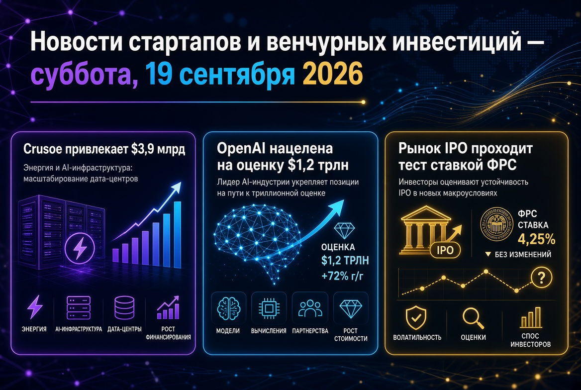 스타트업 및 벤처 투자 뉴스 — 2026년 9월 19일: Crusoe가 39억 달러 유치하고 OpenAI가 1.2조 달러 평가 목표로, IPO 시장은 연준 금리에 따라 테스트를 받습니다.