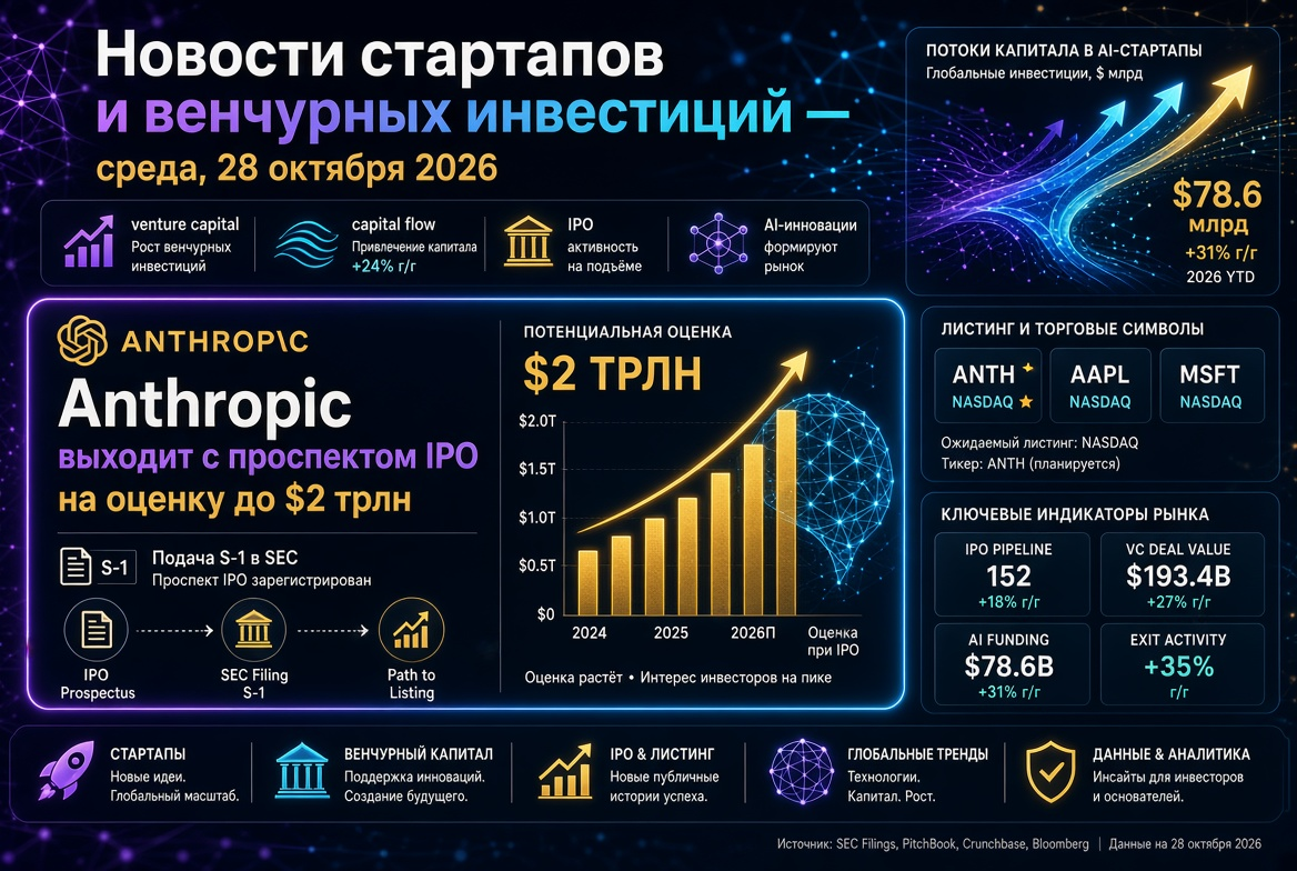 스타트업 및 벤처 투자 뉴스 — 수요일, 2026년 10월 28일: 앤트로픽이 2조 달러 평가로 IPO를 발표합니다.