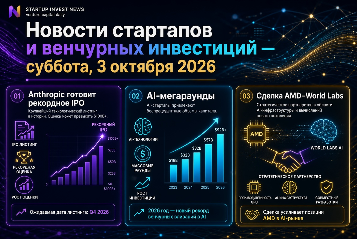 스타트업 및 벤처 투자 뉴스 — 2026년 10월 3일 토요일: Anthropic의 기록적인 IPO 준비, AI 메가 라운드 및 AMD-월드 연구소의 거래