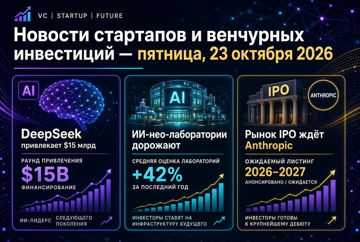 스타트업 및 벤처 투자 뉴스 — 2026년 10월 23일 금요일: DeepSeek가 150억 달러를 유치하고, AI 네오 연구소들이 가치 상승 중, IPO 시장이 Anthropic을 기다립니다