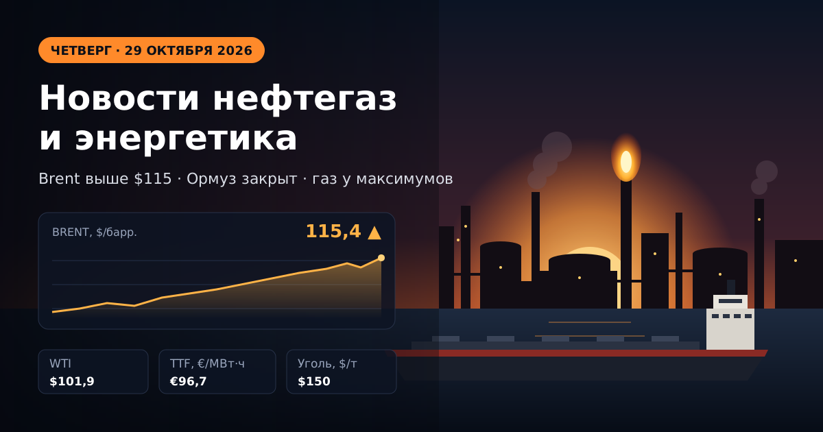 석유가스 및 에너지 뉴스 — 2026년 10월 29일 목요일: 후티 반군의 라스타누라 공격 이후 Brent $115 상회, 유럽 가스는 2022년 이후 최고치