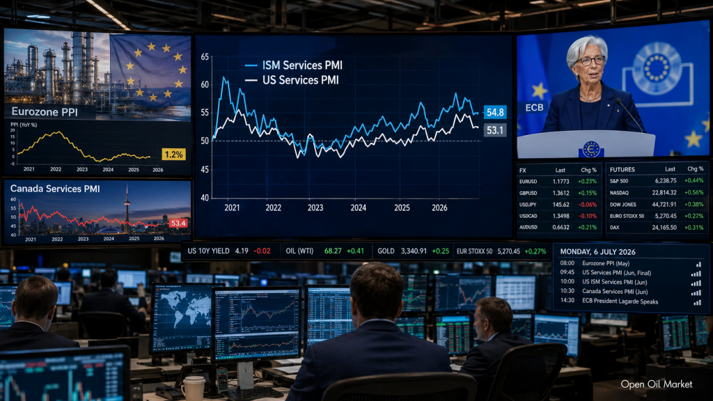 2026년 7월 6일 경제 캘린더: 미국 ISM 서비스 PMI, 유로zone PPI, 캐나다 PMI, ECB 총재 크리스틴 라가르드의 연설 및 투자자 반응
