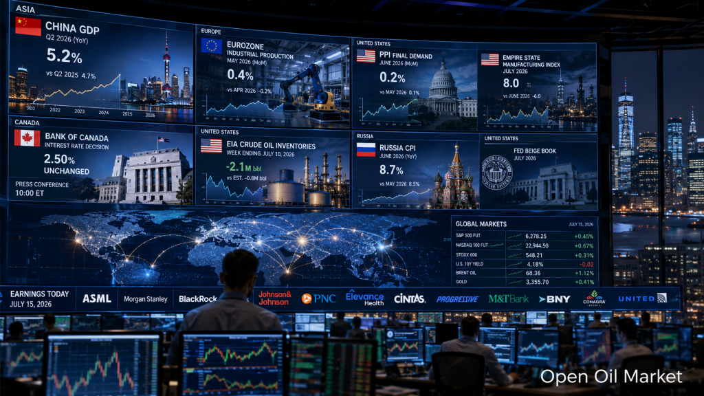 2026년 7월 15일의 세계 시장: 중국 GDP, 미국 PPI, 캐나다 중앙은행, EIA 석유 재고 및 ASML, Morgan Stanley, BlackRock의 보고서