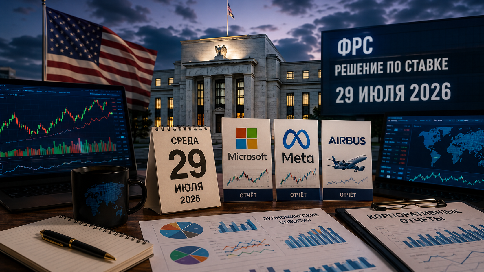 경제적 사건과 기업 보고서: 2026년 7월 29일 수요일 - FED의 금리 결정과 Microsoft, Meta, Airbus의 보고서