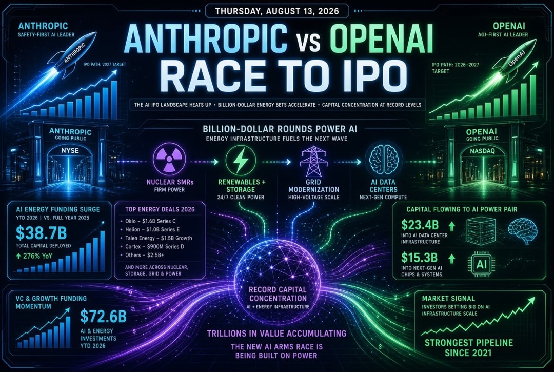 스타트업 및 벤처 투자 뉴스 — 2026년 8월 13일: Anthropic과 OpenAI의 증시 경쟁, AI를 위한 수십억 달러 에너지 라운드 및 자본 집중 기록