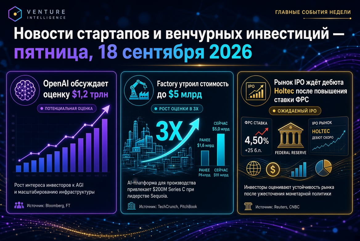 스타트업 및 벤처 투자 뉴스 — 2026년 9월 18일 금요일: OpenAI 1.2조 달러 가치 논의, Factory 50억 달러로 성장, IPO 시장 Holtec 데뷔 대기