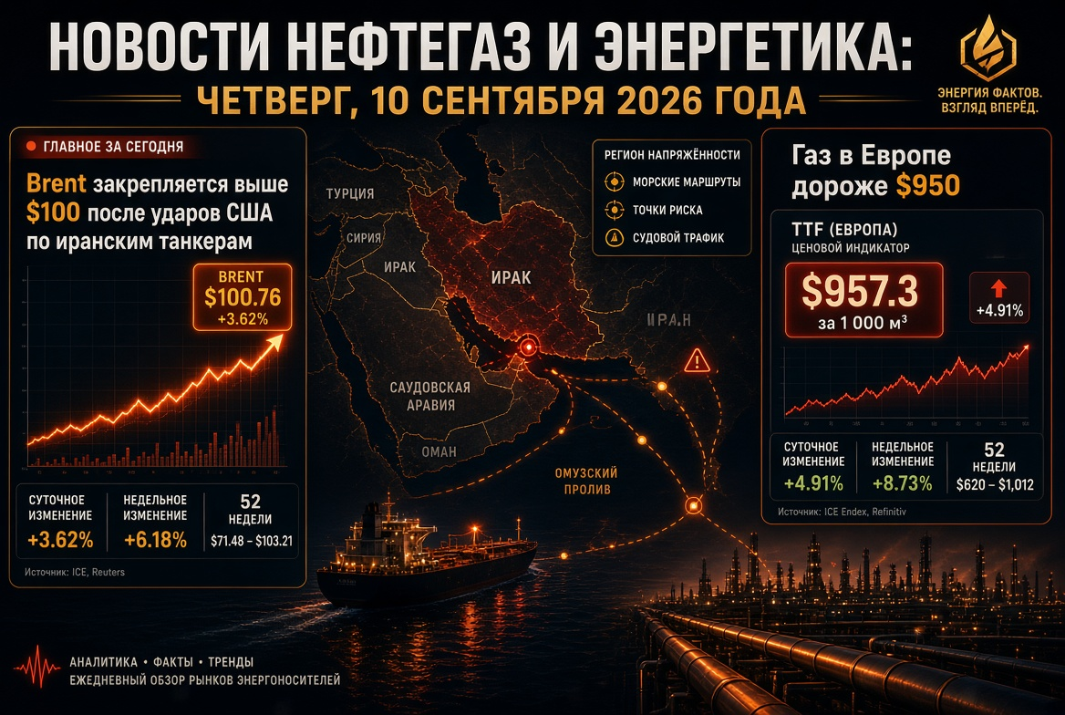 석유 및 가스 뉴스: 2026년 9월 10일 목요일 - 브렌트 $100 초과, 유럽 가스 $950 이상