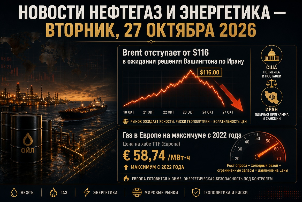 석유 및 가스 뉴스 — 2026년 10월 27일 화요일: 브렌트, 이란에 대한 워싱턴 결정 대기 중 $116에서 하락, 유럽 가스 2022년 최고치