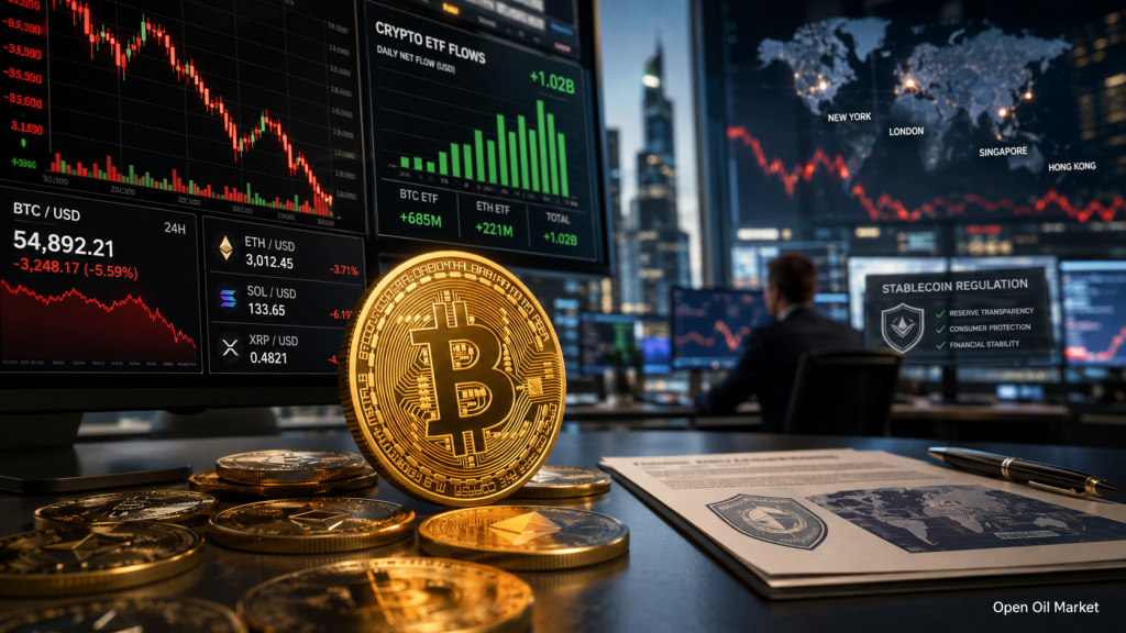 2026년 7월 9일 암호화폐 시장: 비트코인 압박, ETF 유입, 이더리움, 솔라나, XRP 및 스테이블코인 규제