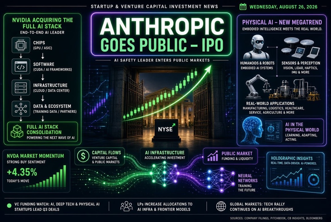 스타트업 및 벤처 투자 뉴스 — 2026년 8월 26일: 앤스로픽이 IPO 출범, 엔비디아가 전체 AI 스택을 인수하고 물리적 인공지능이 새로운 메가 트렌드로 떠오르다.