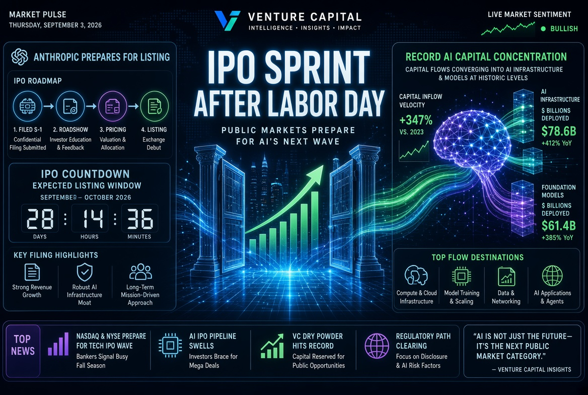 스타트업과 벤처 투자 뉴스 — 2026년 9월 3일: 노동절 이후 IPO 스프린트, 앤트로픽의 상장 준비와 AI 자본의 기록적 집중