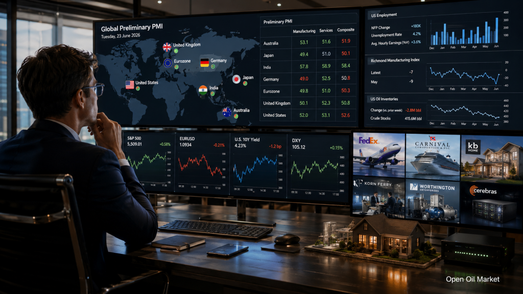 경제적 사건과 기업 보고서: 화요일, 2026년 6월 23일 — 글로벌 PMI, 미국 노동 시장, FedEx, Carnival 및 KB Home